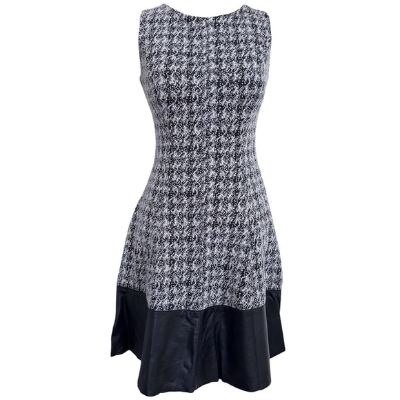 Lauren Ralph Kauren Houndstooth Tweed Fit & Flare Dress Size 0 Faux Leather Trim - Picture 1 of 13